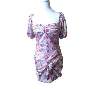 Dee Elly Women's Small Pink Floral Short Puff Sleeve Open Back Bodycon Ruched